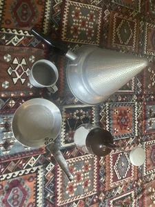 Vintage Kitchen Canning Sieve, Onion Chopper, Small Skillet, Cup Measure 4 Pc - Picture 1 of 7