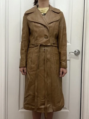 Chaqueta gabardina vintage de cuero genuino tostado/marrón con cinturón talla XS/S #5.9 Foto 1 de 4