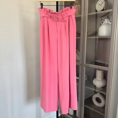 Pantalón Alice + Olivia Rosa Alta Esperado Bolsa de Papel Cinturón S Plisado Pierna Ancha Foto 1 de 4