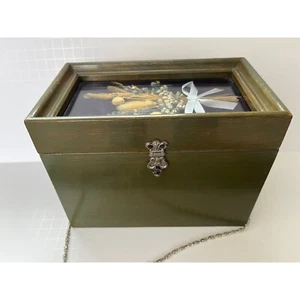 Vtg 1970's Handmade Box Wooden Purse Shoulder Hand Bag With Blue Bow Dried - Picture 1 of 10