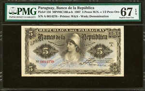 Paraguay 5 Pesos M.N = 1/2 Peso Oro 1907 Pick-156 SUPERB GEM UNC PMG 67 EPQ - Picture 1 of 2