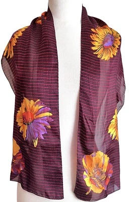 "Bufanda de seda para mujer Ellen Tracy flores amarillas sobre negro con círculos rojos 53""" Foto 1 de 4