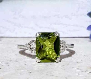 6.30 Ct Emerald Cut Natural Peridot Diamond Wedding Ring 14K White Gold - Picture 1 of 6