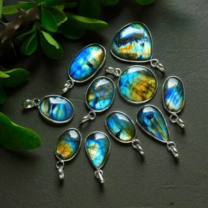 10 Pcs 140 Cts Natural Labradorite Silver Plated Pendant Lot 16x31-13x24mm#12436 - Picture 1 of 8