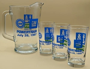 4 Pc UAW GM Powertrain GLASS PITCHER & 3 Drinking Glasses 1997 DNV QS 9000 Cert - Picture 1 of 14