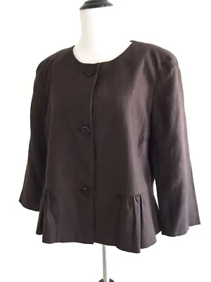Worthington 圆领打褶亚麻西装外套女式 14 码棕色纽扣前襟 — 第 1/4 张图片