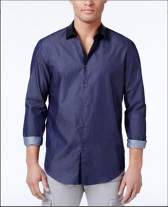 $65 INC International Concepts Men's Contrast-Trim Cotton Shirt, Dark Navy, L. - Picture 1 of 1