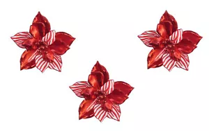 Candy Cane Flower Christmas Tree Decorations Luxury Metallic Red White Stripe x3 - Picture 1 of 2