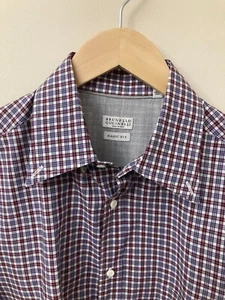 VGUC Brunello Cucinelli Button Down Shirt Maroon/Purple/White 16/41 - Picture 1 of 17
