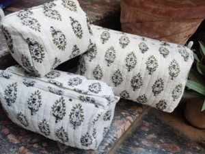 White Hand Block Printed Indian Cotton Quilted Cosmetic Toiletry Purse Of 3 Pcs - Picture 1 of 6