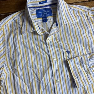 Abercrombie & Fitch Camicia Uomo XL Muscolo Bianco Giallo Blu Righe Bottoni Vintage - Foto 1 di 8