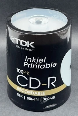 TDK CD-R Recordable 52X 80MIN 700MB Inkjet Printable Blanks 100-Pack New Sealed - Image 1 of 4