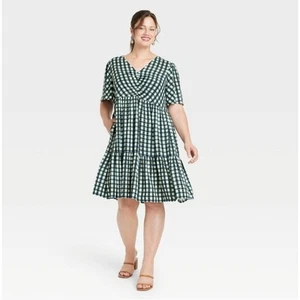 AVA & VIV Gingham Dress Blue Green White Size 4X Knee Length Short Sleeve V-neck - Picture 1 of 10