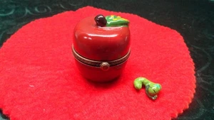 Midwest of Cannon Falls Hinged Small Trinket Box Red Apple With Green Worm - Picture 1 of 8
