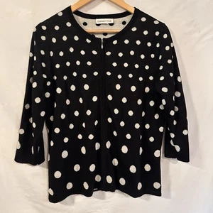 Coldwater Creek Zip Front Cardigan Sweater Size L Black White Polka Dot 3/4 Slv - Picture 1 of 16