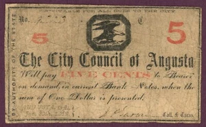 1862 Ayuntamiento de Augusta, Georgia 5c Nota Obsoleta Nº9223 (D60186) - Imagen 1 de 2