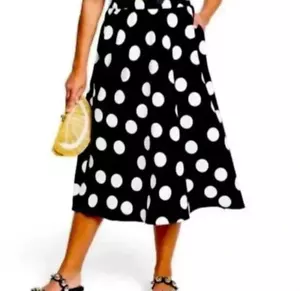 Tabitha Brown Women's Linen Blend Black White Polka Dot Full A-Line Midi Skirt M - Picture 1 of 10