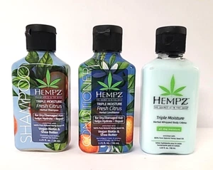 3 Travel Size Hempz Triple Moisture Fresh Citrus Shampoo/Conditioner/Lotion - Picture 1 of 7
