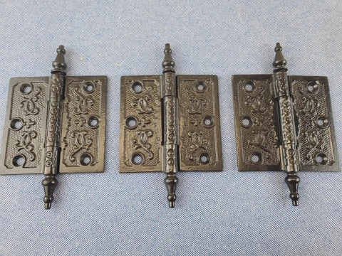 3 Antique Victorian Steeple Tip Cast Iron Hinges 3-1/2 x 3-1/2 Restored  N268 Cover