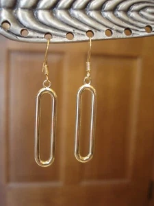 1 7/8" Drop Dangle Geometric Elongated Oval Gold Plate Earrings - Picture 1 of 3