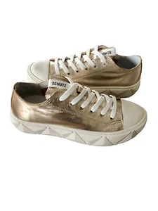 SCHUTZ ENERGY Metallic Gold Leather Lace Up Platform Sneakers US 8 NEW - Picture 1 of 11
