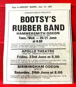 Bootsy’s Rubber Band/Collins UK Tour Vintage ORIG 1978 Press/Mag ADVERT 4.5"x3.5 - Bild 1 von 3