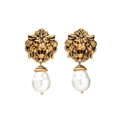 Ladies Earrings White Natural Baroque Pearl Gold Lion Earrings ,Pearl Earrings - Image 1 of 4