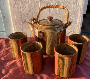Stunning Japanese Teapot & Cup Set Bold Striped Glaze Rattan Handle, 4 Glasses - Picture 1 of 5