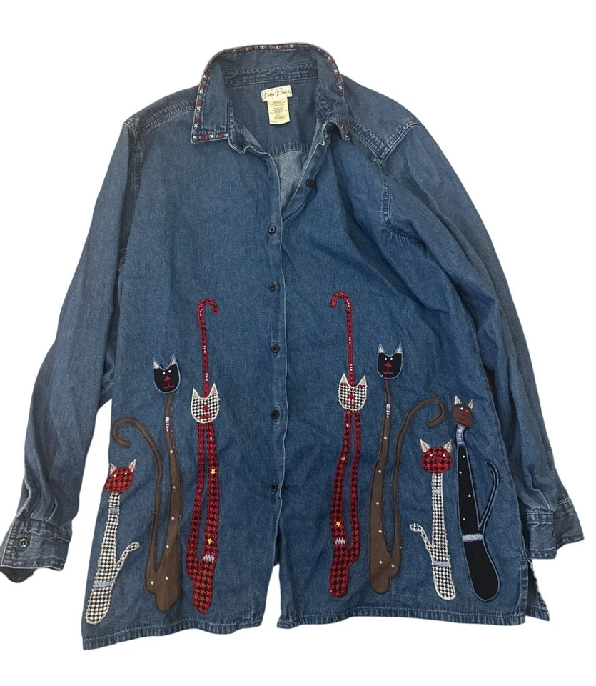 Camisa vaquera boho Bobbie Brooks XL para dama con apliques de gato y cuello bordado Foto 1 de 4