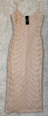 Nuevo con etiquetas Vestido Midi Lulus Lentejuelas Bodycon XS Crema Desnudo  Foto 1 de 4
