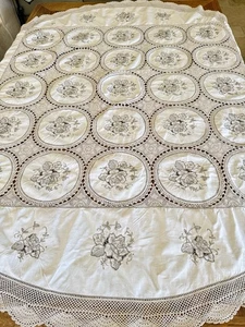VINTAGE ANTIK Blumen bestickt Leinen Häkelspitze Tischdecke 65" rund - Bild 1 von 24