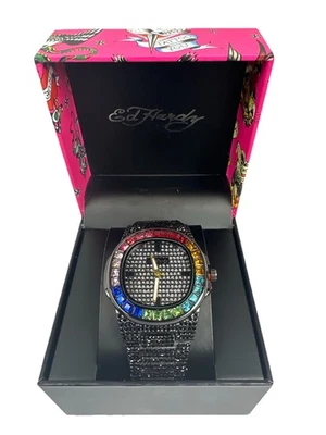Reloj pulsera pavé de cristal arco iris negro Ed Hardy con caja estilo tatuaje Foto 1 de 4
