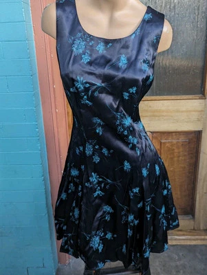 Vintage 1990s Benson & Smith Black Whimsygoth Floral Satin Corset Dress S - Image 1 of 4