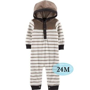 Carters Baby Boy's Clothes 24 Month Brown Stripes Zip Hooded Fleece Jumpsuit