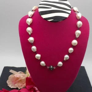 Fine Huge 15mm  Cultured Pearl Black Onyx Sterling Silver Clasp 20" Necklace - Picture 1 of 3