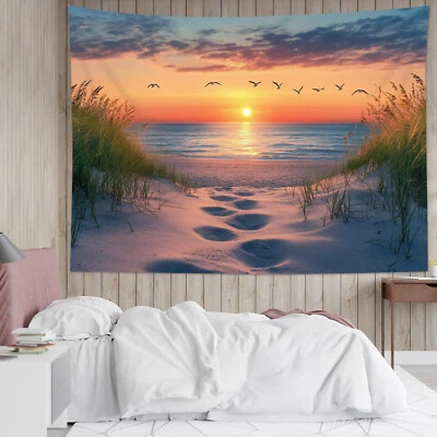 Tapiz de playa costera paisaje puesta de sol de verano para dormitorio sala dormitorio Foto 1 de 4
