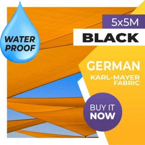 WATERPROOF SHADE SAIL SQUARE BLACK 5m x 5m SUN AWNING 5mx5m 5x5m 5x5 5 x 5 - Picture 1 of 4