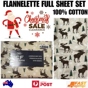 Flannelette Fitted Flat Sheet Set King 100% Cotton pillow case standard -Rendeer - Picture 1 of 9