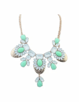 Multi Color Rhinestone Statement Necklace Pastel Green White Beads Gold Chain - Image 1 of 3