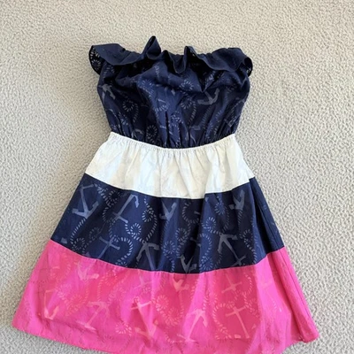 Vestido Lilly Pulitzer Pequeño Azul Marino Blanco Rosa Sin Tirantes Ancla Náutico Dinero Antiguo Foto 1 de 4