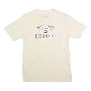 TOMMY HILFIGER Boys Cream Logo Graphic T-Shirt L Short Sleeve Crew Neck - Picture 1 of 6