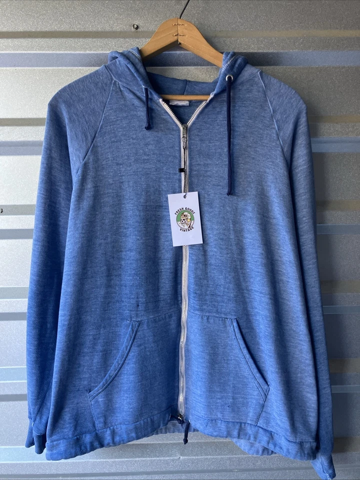 Sudadera con Capucha Vintage Años 70 Azul Cremallera Papel Raglán Fino Med/Lg 23x24 Grunge Thrashed Foto 1 de 4