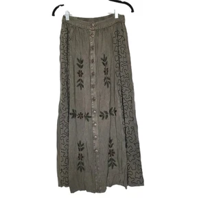 Vtg Embroidered Hippie Midi Skirt Womens S Boho Fairy Floral Olive Green Elastic - Picture 1 of 9