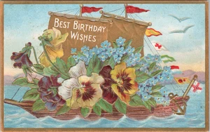 POSTCARD-BEST BIRTHDAY WISHES/PANSEY SAIL BOAT/EMBOSSED - Picture 1 of 2