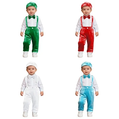 Pantaloni Bretelle Ragazzo Cinghie Regolabili Natale Cappello Gentleman Bavaglino - Immagine 1 di 3