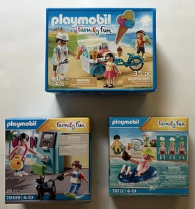 LOTE PLAYMOBIL NUEVO 70112 NADADOR QUEMADO POR EL SOL 70439 TURISTAS ATM 9426 CARRITO DE HELADOS - Imagen 1 de 2