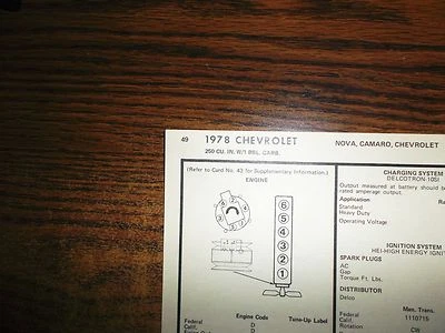 Chevrolet Chevy y Camaro 1978 serie seis modelos 250 CI L6 1BBL tabla de puesta a punto Foto 1 de 4