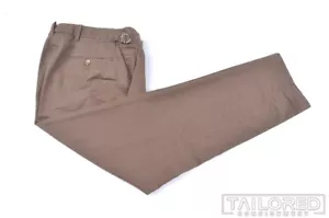 LUXIRE Solid Brown Cotton Mens Flat Front Side Tab Khaki Pants Trousers - 34 - Picture 1 of 7
