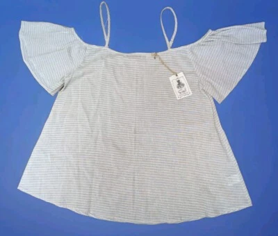 Caballete Los Angeles Caqui Rayas Fuera del Hombro Babydoll Top Botón Espalda Nuevo con Etiquetas Foto 1 de 4