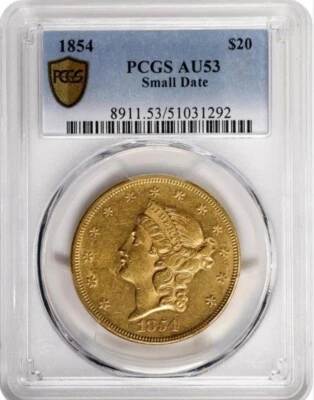 1854 PEQUEÑA FECHA $20 ORO LIBERTAD DOBLE ÁGUILA GRADUACIÓN PROFESIONAL AU 53 Foto 1 de 4